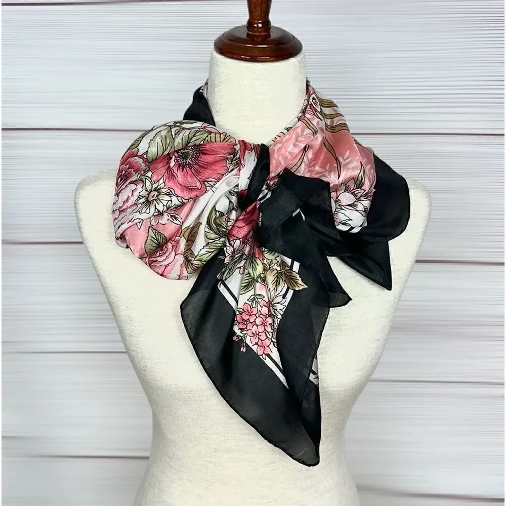 Floral Square Scarf Silky Chiffon Pink Ivory Black Trim Hand Rolled